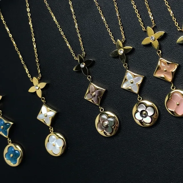 Gold Multicolor Chain Three-Tier Floral Pendant Necklace 3