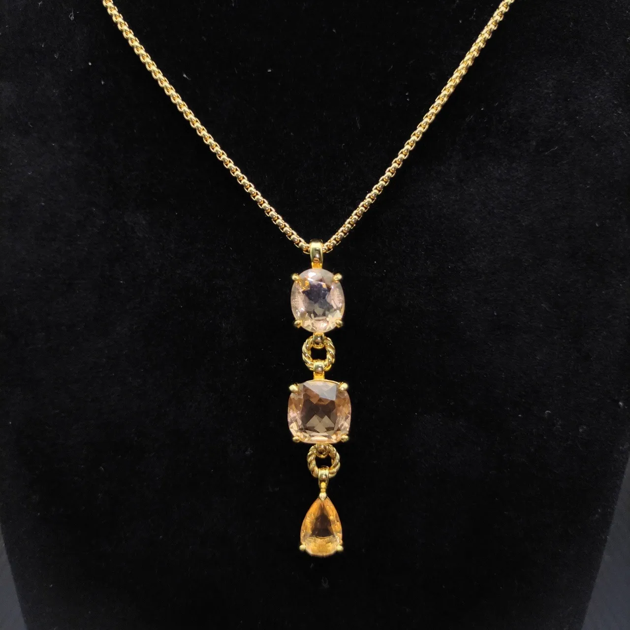 Gold Orange Three-Stone Vertical Pendant Twisted Connectors Necklace 2
