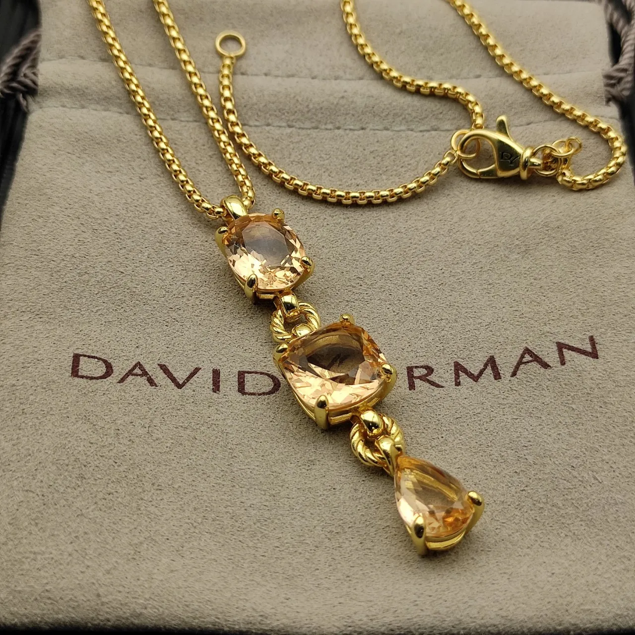 Gold Orange Three-Stone Vertical Pendant Twisted Connectors Necklace 9