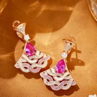 Gold Pink Fan-Shaped Openwork Pear-Cut Gemstone Earrings