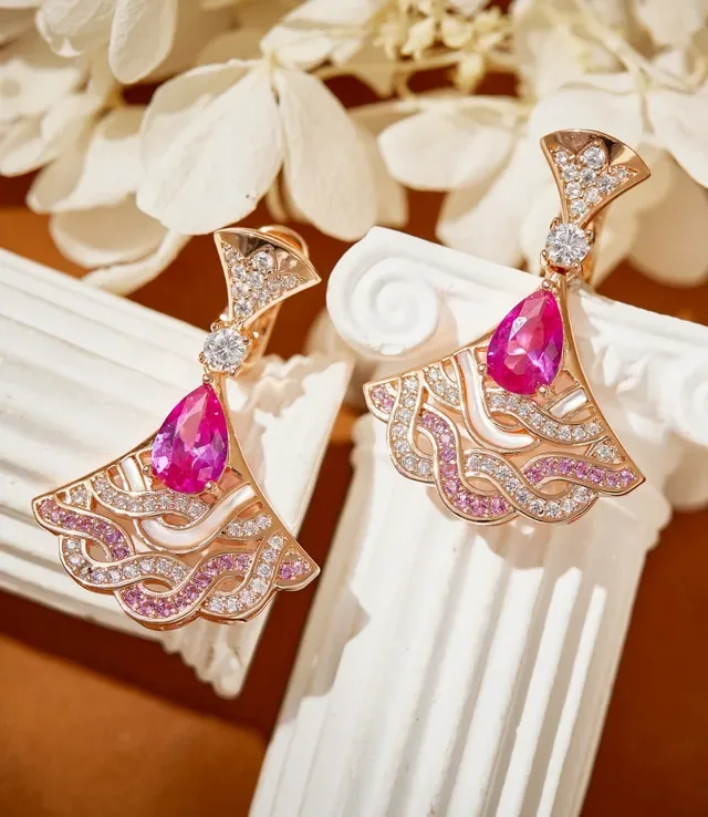 Gold Pink Fan-Shaped Openwork Pear-Cut Gemstone Earrings 4