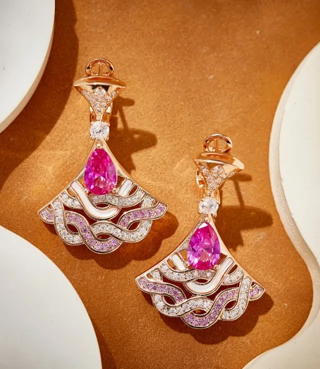Gold Pink Fan-Shaped Openwork Pear-Cut Gemstone Earrings 6