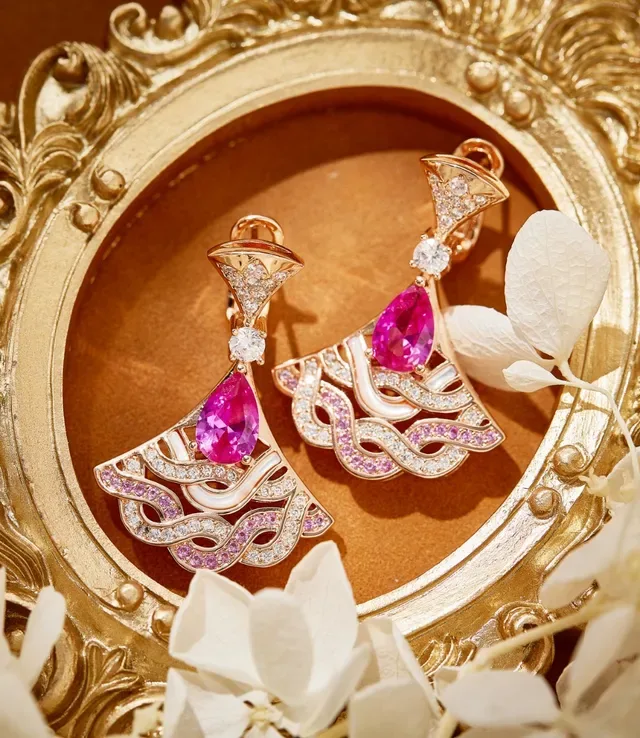 Gold Pink Fan-Shaped Openwork Pear-Cut Gemstone Earrings 7