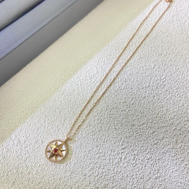 Gold Red Compass Star Pendant Mother-of-Pearl Inlay Necklace 2