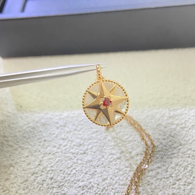 Gold Red Compass Star Pendant Mother-of-Pearl Inlay Necklace 3