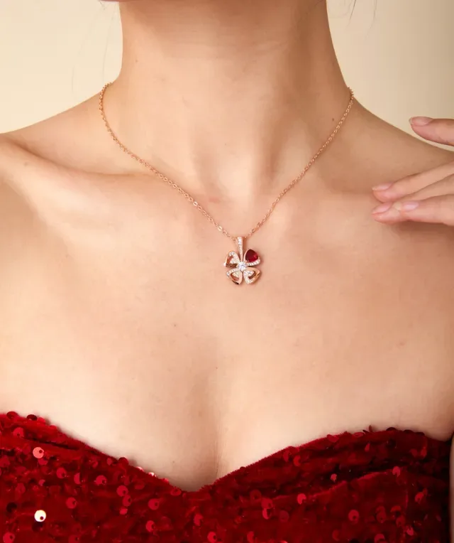 Gold Red Four-Leaf Clover Pendant Pavé-Set Clear Stones Necklace 5