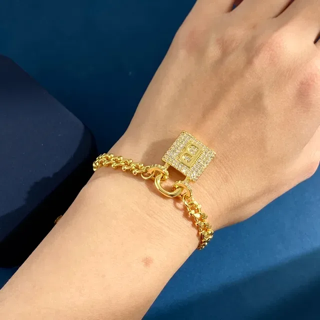 Gold Silver Chunky Curb Chain Pavé Crystal Padlock Charm Bracelet 5