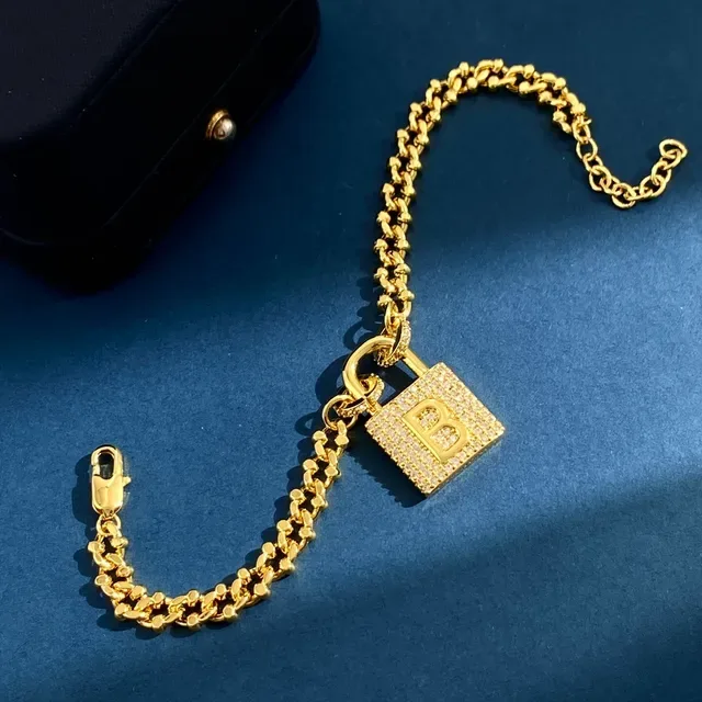 Gold Silver Chunky Curb Chain Pavé Crystal Padlock Charm Bracelet 6