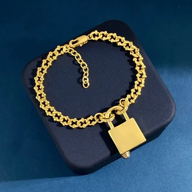 Gold Silver Chunky Curb Chain Pavé Crystal Padlock Charm Bracelet 7