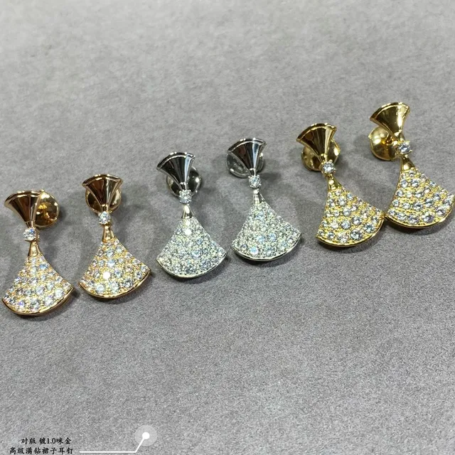 Gold Silver Fan-Shaped Pavé-Set Earrings 2
