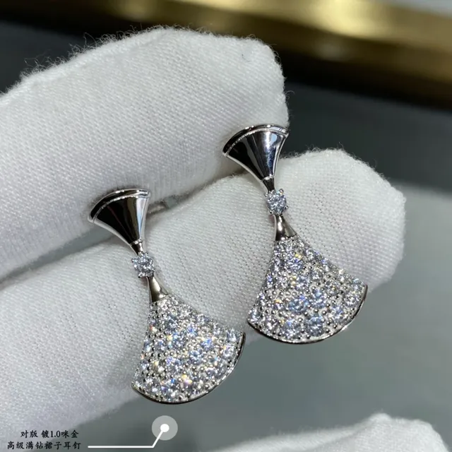 Gold Silver Fan-Shaped Pavé-Set Earrings 7