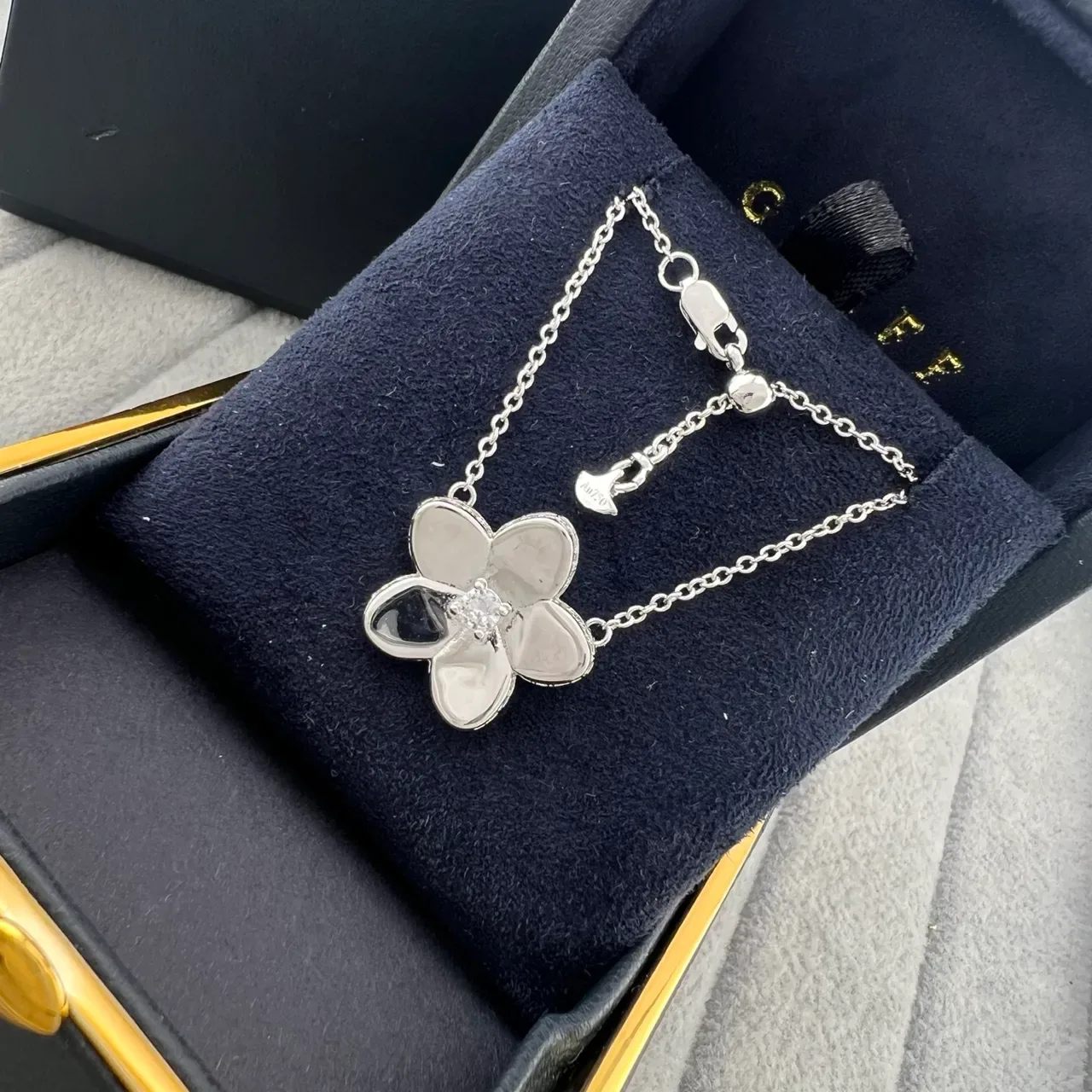 Gold Silver Flower-Shaped Pendant Pavé-Edged Petals Necklace 4