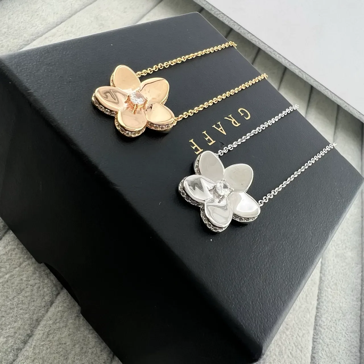 Gold Silver Flower-Shaped Pendant Pavé-Edged Petals Necklace 6