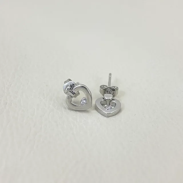 Gold Silver Heart-Shaped Outline Single Clear Stone Earrings 4