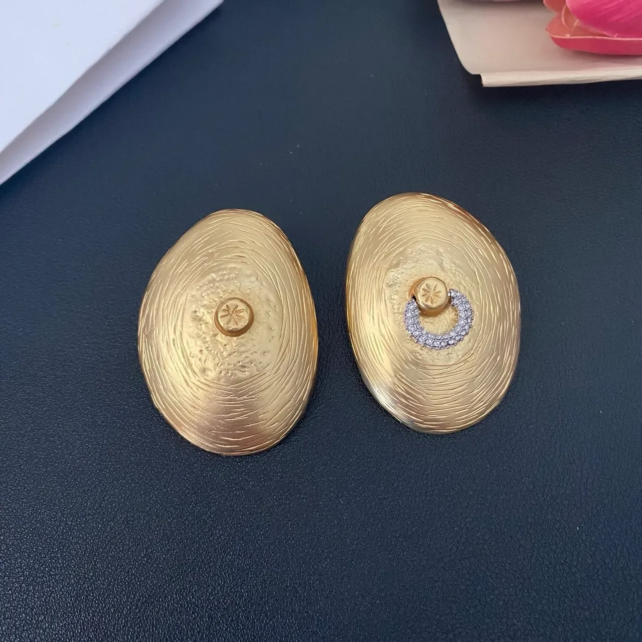 Gold Silver Oval-Shaped Textured Concentric Rings Earrings 4