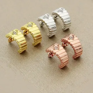 Gold Silver Ridged Band Triangular Pavé Stone Accent Earrings