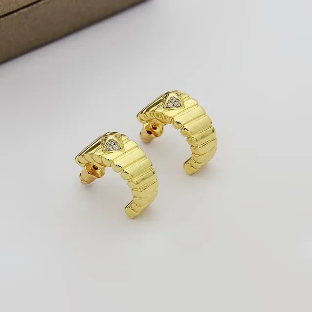 Gold Silver Ridged Band Triangular Pavé Stone Accent Earrings 3