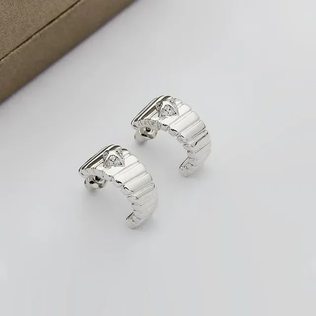 Gold Silver Ridged Band Triangular Pavé Stone Accent Earrings 5