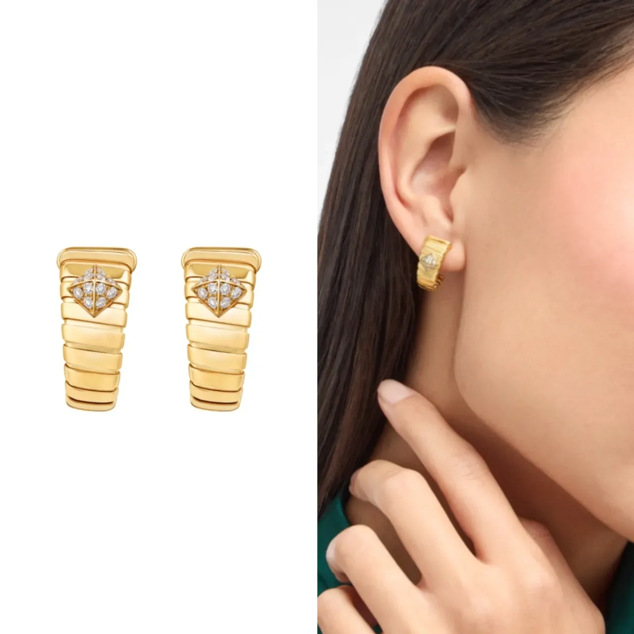 Gold Silver Ridged Band Triangular Pavé Stone Accent Earrings 9