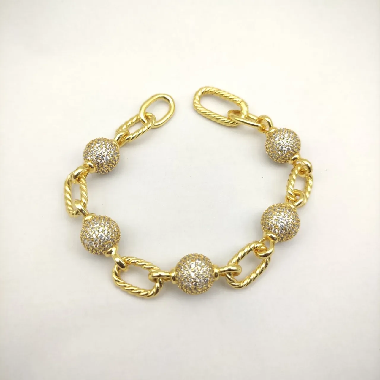 Gold Silver Twisted Rope-Link Chain Pavé-Set Spherical Beads Bracelet 5