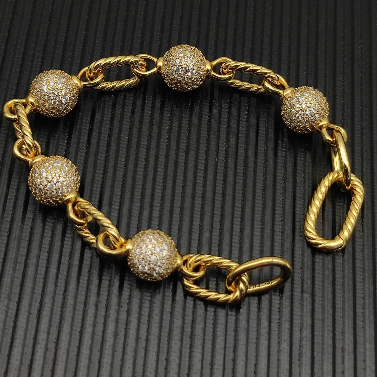 Gold Silver Twisted Rope-Link Chain Pavé-Set Spherical Beads Bracelet 6