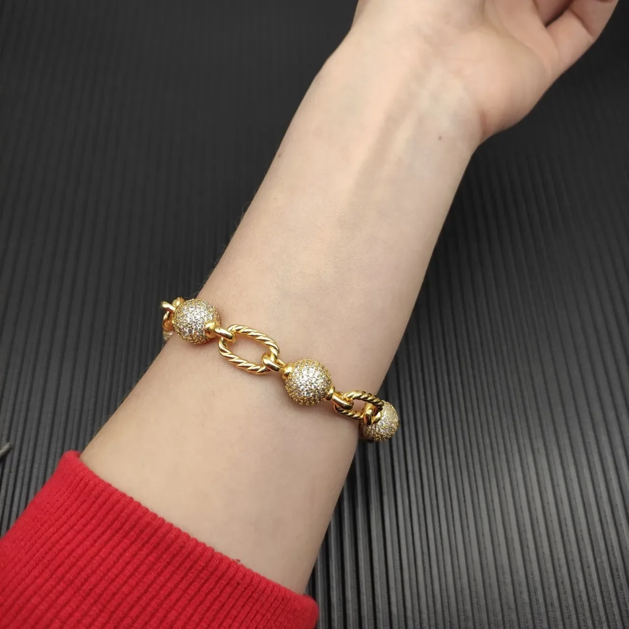Gold Silver Twisted Rope-Link Chain Pavé-Set Spherical Beads Bracelet 7