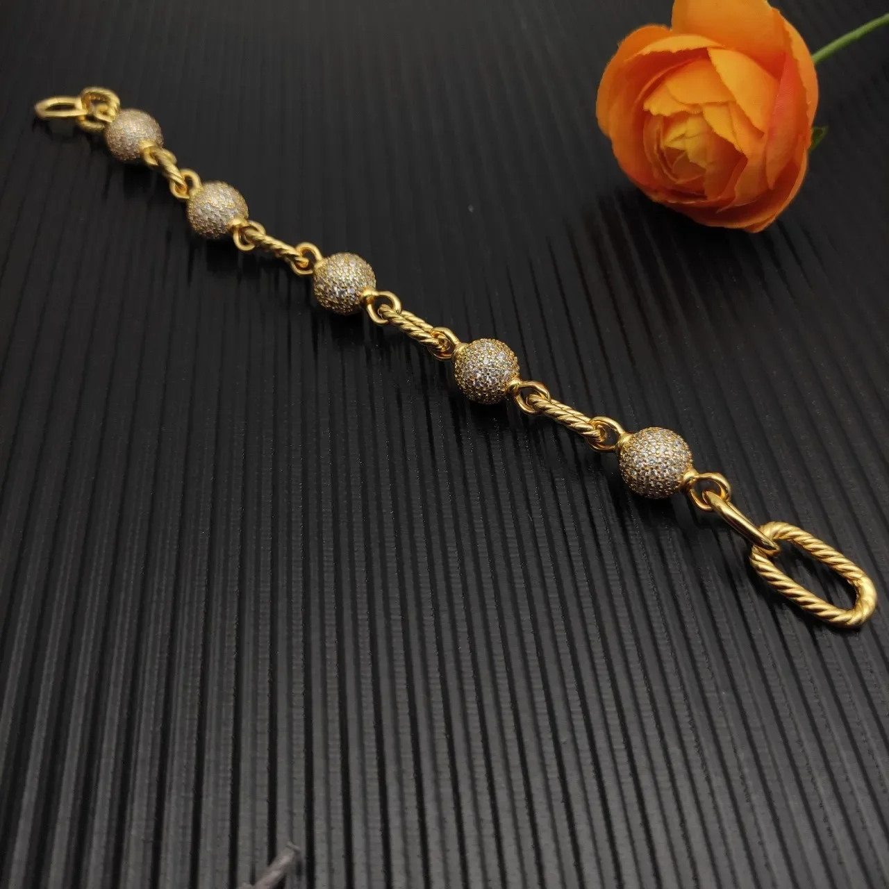 Gold Silver Twisted Rope-Link Chain Pavé-Set Spherical Beads Bracelet 8