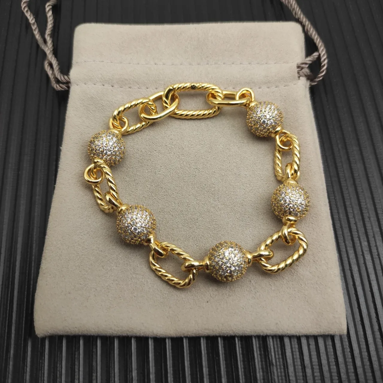 Gold Silver Twisted Rope-Link Chain Pavé-Set Spherical Beads Bracelet 9