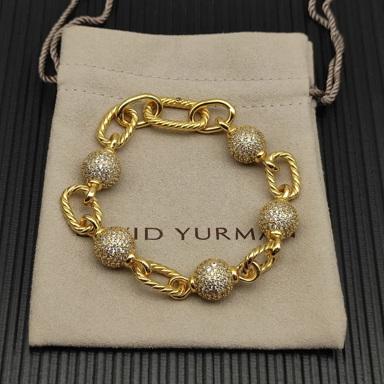 Gold Silver Twisted Rope-Link Chain Pavé-Set Spherical Beads Bracelet 10