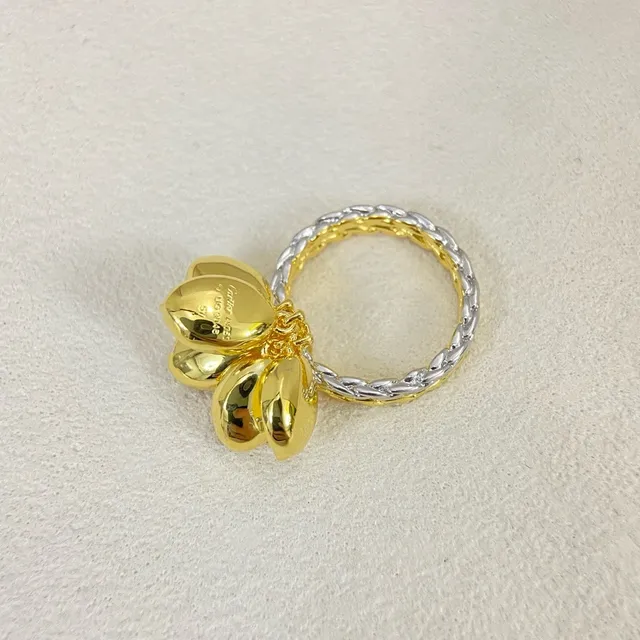 Gold Silver Two-Tone Textured Leaf Charms Ring 2