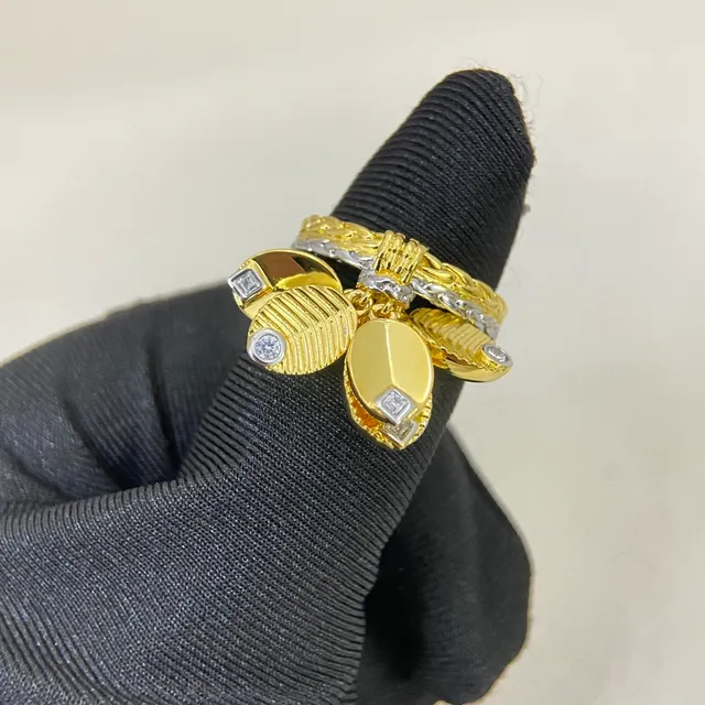 Gold Silver Two-Tone Textured Leaf Charms Ring 5