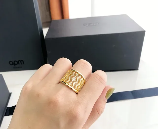 Gold Silver Wide Band Pavé-Set Stones Ring 5