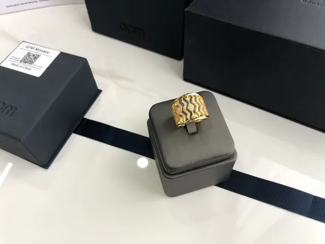 Gold Silver Wide Band Pavé-Set Stones Ring 7