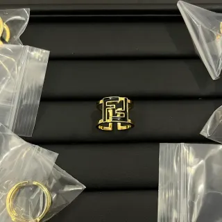 Gold-Tone Black Enamel Geometric Motif Ring