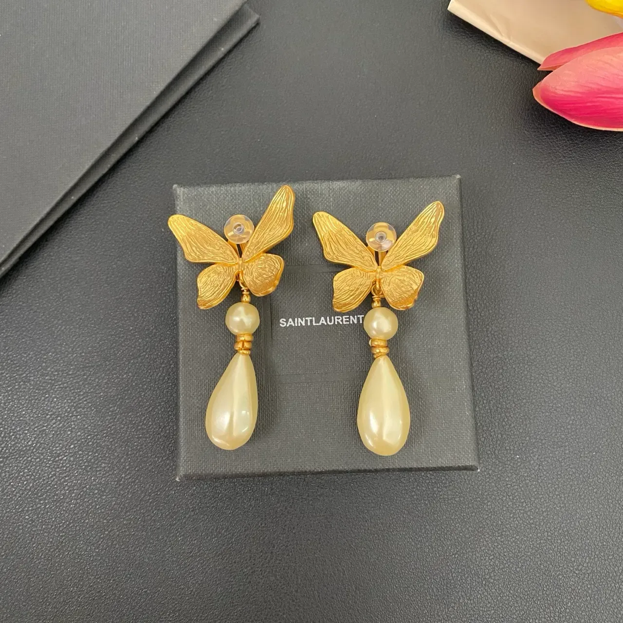 Gold-Tone Butterfly Motif Teardrop Pearl Dangle Earrings 4