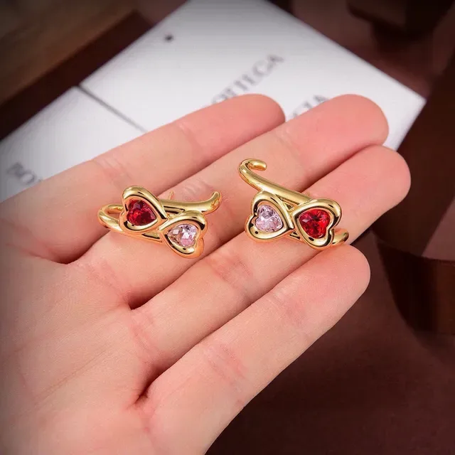 Gold-Tone Double Heart Gemstone Ear Cuffs Earrings 4