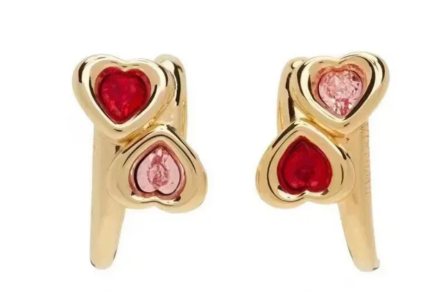 Gold-Tone Double Heart Gemstone Ear Cuffs Earrings 7