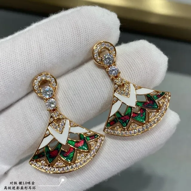 Gold-Tone Enamel Fan-Shaped Crystal Earrings 8