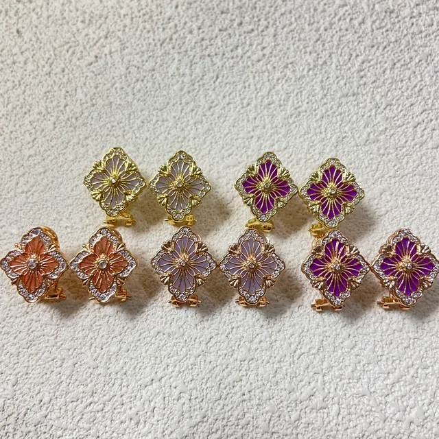 Gold-Tone Filigree Quatrefoil Enamel Crystal Earrings 2