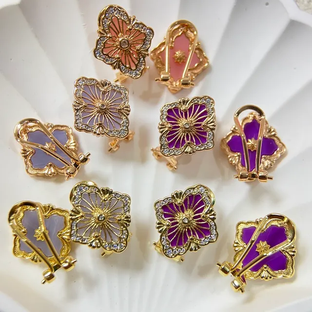 Gold-Tone Filigree Quatrefoil Enamel Crystal Earrings 3