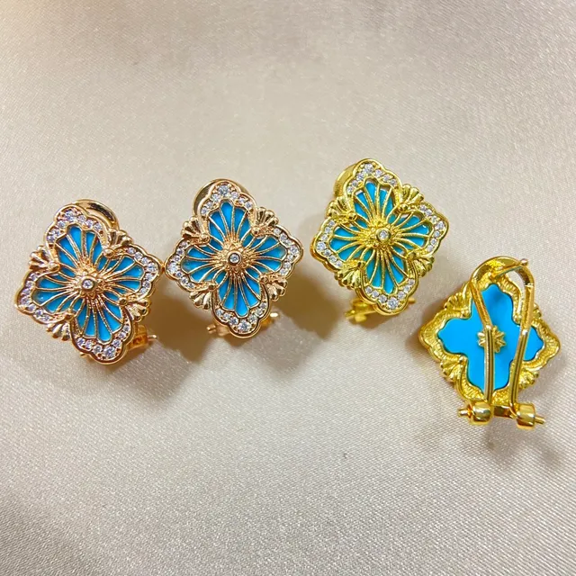 Gold-Tone Filigree Quatrefoil Enamel Crystal Earrings 5