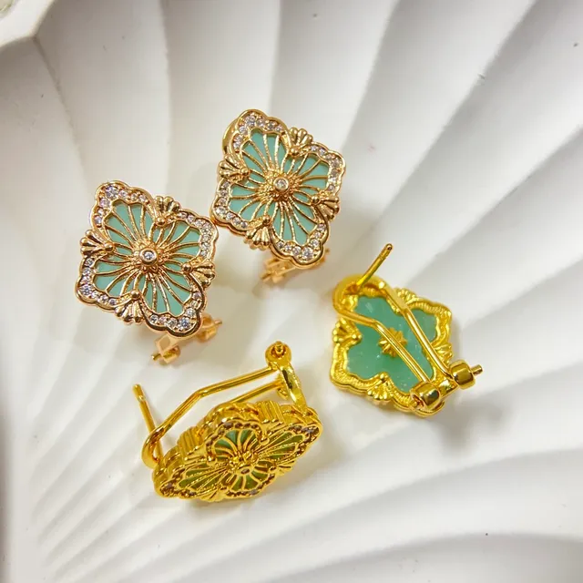 Gold-Tone Filigree Quatrefoil Enamel Crystal Earrings 6