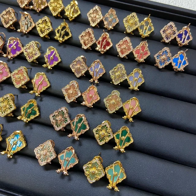 Gold-Tone Filigree Quatrefoil Enamel Crystal Earrings 7