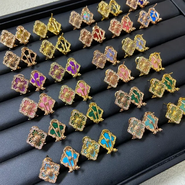 Gold-Tone Filigree Quatrefoil Enamel Crystal Earrings 8