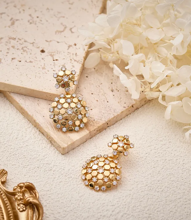 Gold-Tone Honeycomb Pavé Drop Earrings 3