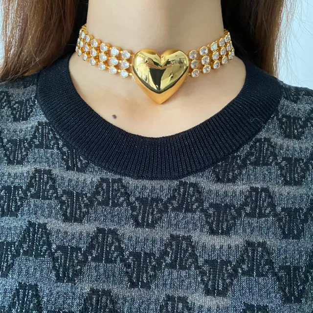 Gold-Tone Multi-Row Crystal Heart Pendant Choker Necklace 2