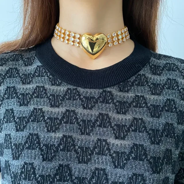 Gold-Tone Multi-Row Crystal Heart Pendant Choker Necklace 3
