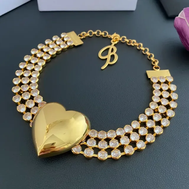 Gold-Tone Multi-Row Crystal Heart Pendant Choker Necklace 7