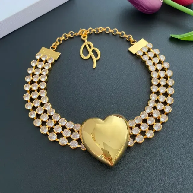 Gold-Tone Multi-Row Crystal Heart Pendant Choker Necklace 9
