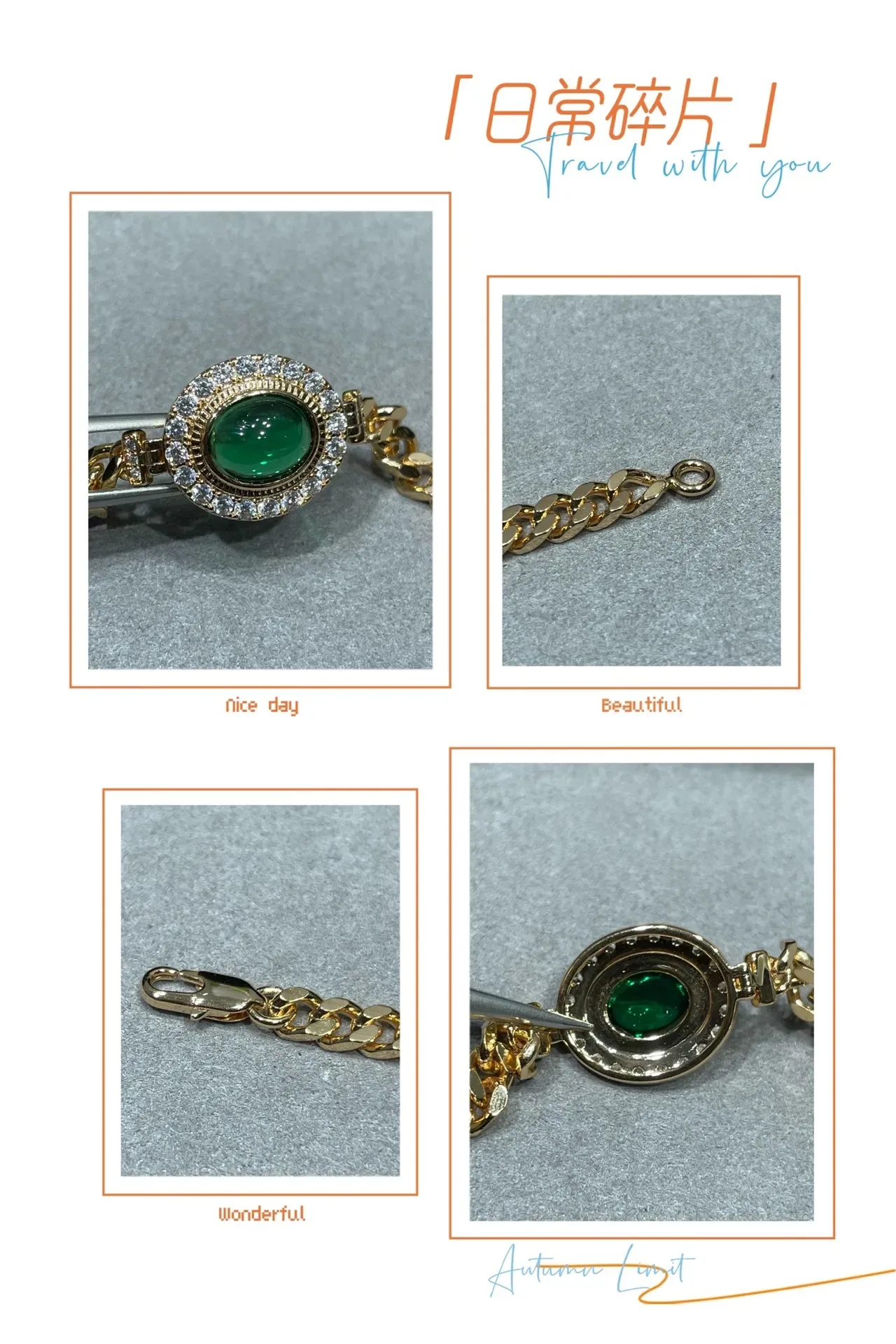 Bracelet chaîne avec cabochon oval vert en ton doré et halo pave 2